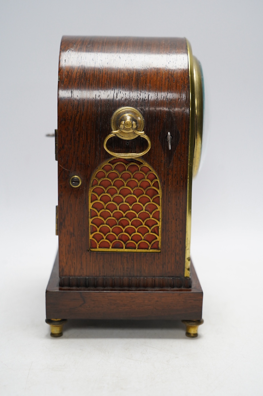 A rosewood brass inlaid eight day mantel clock with enamel dial inscribed Gantheny, Cheapside, with pendulum, no key, 22cm high. Condition - fair to good, not tested as working